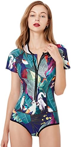 dilinte Long Sleeve One Piece Swimsuit Floral Print Zipper Sun Protection Swimsuit Rash Guard Bathing Suit
