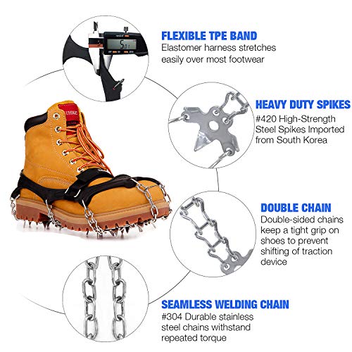AUHIKE 19 Teeth Claws Crampons [Updated Version],Non-Slip Shoes Cover with Stainless Steel Chain for for Hiking Fishing Climbing Jogging Mountaineering Walking on Snow and Ice (Black, L) - Thumbnail 2