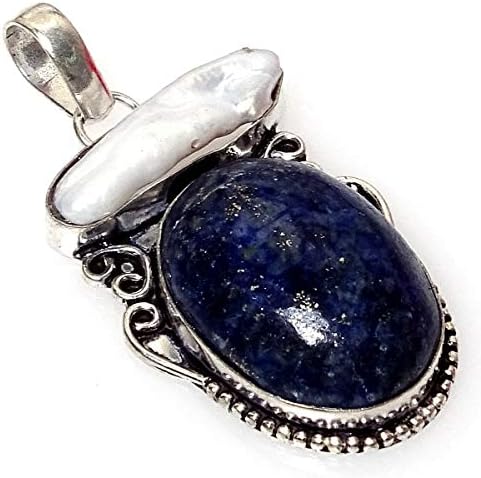 Nimbark Biwa Pearl Lapis Lazuli Gemstone Silver Plated Pendant Jewelry 1.5"
