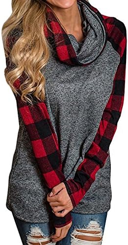 Womens Cowl Neck Sweatshirt Pullover Shirts Long Sleeve Plaid Raglan Tunic Tops