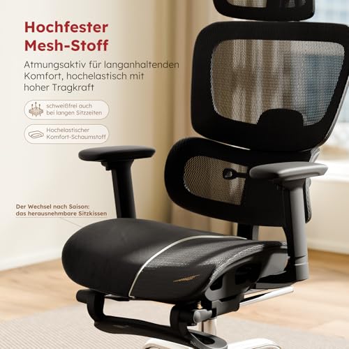 Ergonomic Office Chair Full Mesh 150 kg with Footrest, Desk Chair with Removable Cushion, Self-Adjusting Lumbar Support, Height-Adjustable Backrest, Headrest, PU Wheel, 360°, Black