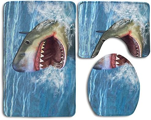 QDXY Sharks Soft Toilet Rug 3 Pieces Set Non Slip Bathroom Rugs U-Shaped Toilet Mat Toilet Lid Cover