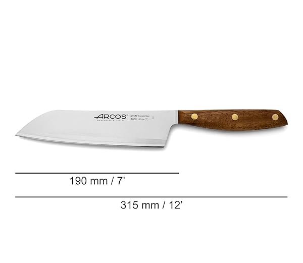 ARCOS SANTOKU KNIFE 7 INCH STAINLESS STEEL. JAPANESE KITCHEN KNIFE FOR FISH, MEAT AND VEGETABLES. OVENGKOL WOOD HANDLE 100% NATURAL FSC AND 190MM BLADE. SERIES NORDIKA. COLOR BROWN.