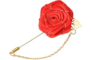 KILENER Red Rose Brooch Pin Cloth Rose Flower with Gold Leaf Brooch Suit Lapel Pins for Men Tassel Chain Brooch Rose Flower Pin Brooches for Men Suits Bridegroom Wedding Brooches Rose Pins Accessories
