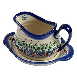 Traditional Polish Pottery, Handcrafted Ceramic Gravy Sauce Boat and Tray (630ml), Boleslawiec Style Pattern, S.301.Daisy