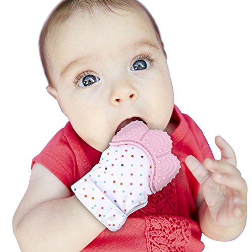 EGLAF Pink Teething Mitten is Teether That Stays on Baby's Hand for Self-Soothing Pain