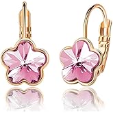 Austrian Crystal Flower Leverback Drop Earrings for Women 14K Rose Gold Plated Hypoallergenic Jewelry