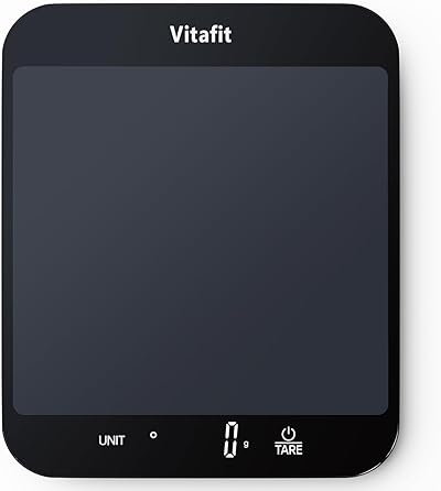 Vitafit 15kg Küchenwaage Digital, Hohe Genauigkeit 1g durch Unser Professionelle Fabrik Seit 2001, Waage Küche zum Kochen und Backen, Große Plattform 215x180mm, 3 AAA-Batterien, Schwarz