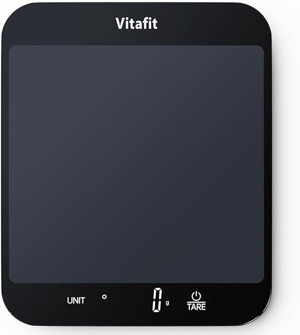 Vitafit 15kg Küchenwaage Digital, Hohe Genauigkeit 1g durch Unser Professionelle Fabrik Seit 2001, Waage Küche zum Kochen und Backen, Große Plattform 215x180mm, 3 AAA-Batterien, Schwarz
