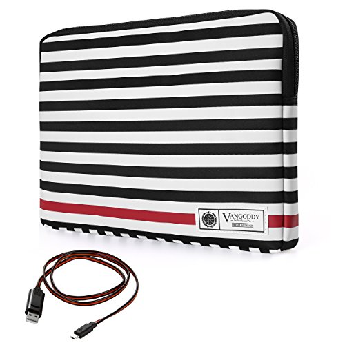Vangoddy Luxe R Series Black White Stripe Compact Slim Padded Sleeve Case for Lenovo Flex 3 / IdeaPad / ThinkPad / Yoga Series 13.3" 13.9" 14" 14.1" Tablet Laptop + Sync and Charge Cable