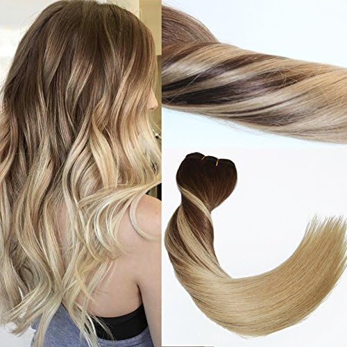 120Gram Virgin Remy Balayage Hair Clip in Extensions Ombre Medium Brown to Ash Blonde Highlights Real Human Hair Extensions (14 inch, 4/18)