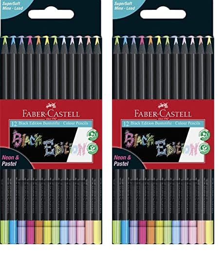 Faber-Castell Colouring Pencils Black Edition Neon and Pastel Colours, Set of 12 tin of 12, Multicolor (116410) (Pack of 2)