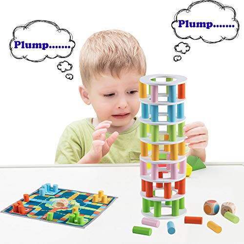 Joqutoys Wooden Stacking Board Game Flying Chess Flight Game and Wobbly Tower Collapse Pisa Tower Building Blocks Game 2 in 1 Learning Toys Family Game for Kids Ages 3 and Up