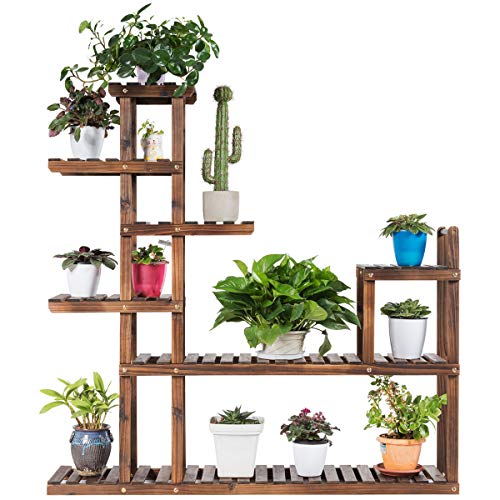 Giantex Flower Rack Wood Plant Stand Wood Shelves Bonsai Display Shelf Indoor Outdoor Yard Garden Patio Multifunctional Storage Rack Bookshelf W/Hollow-Out Rack (47.5”Lx 10”Wx 47.5”H (7 Tier))