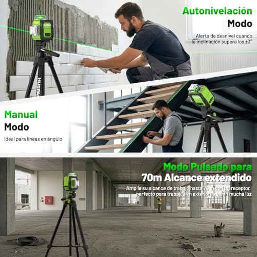 Huepar Green 3D Laser Level 3 x 360° Self-Leveling, Accuracy ±3 mm, 40 m (70 m with Receiver), Compact Laser Level with 152 cm Tripod, Ideal for Work in Narrow Spaces, Countertops, USB-C