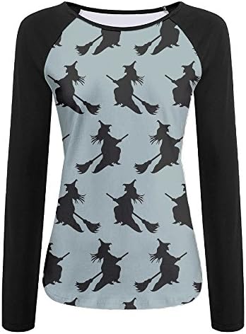 Halloween Witch Women's Round Neck Raglan Sleeve Long T-Shirt Blouse Tops Casual Teen Girls Tees M