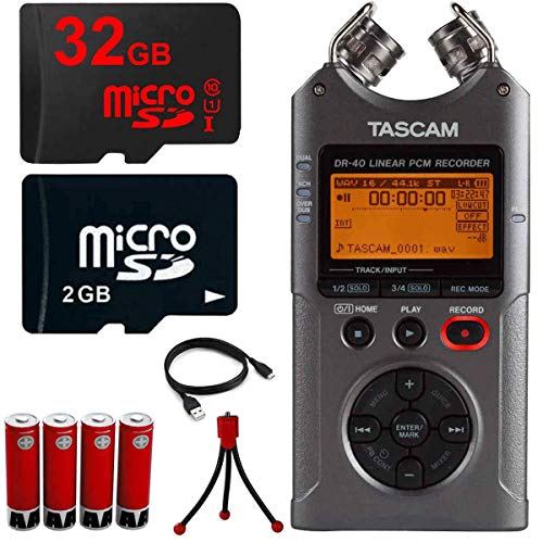 Tascam Portable Digital Recorder (DR-40) 32GB MicroSD Memory Tripod and Battery Bundle