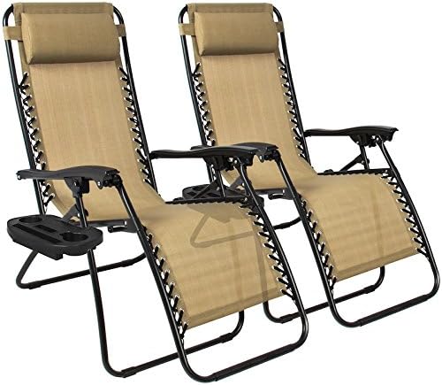 Set Of 2 Tan Zero Gravity Chairs Lounge Patio Outdoor Folding Utility Case Beach Chair Yard Recliner With Cup Tray Holder Camping And Pool Furniture, UV-Resistant Mesh Material