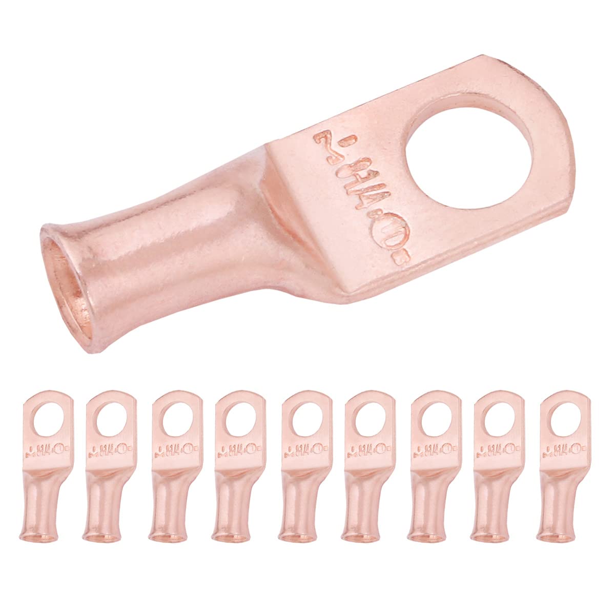 SELTERM 8 AWG (10 mm²) - 1/4" (M6) ⌀ Hole UL Heavy Duty Wire Lugs, Battery Cable Ends, Bare Copper Eyelets, Tubular Ring Terminal Connectors [B3] - 10 Pack
