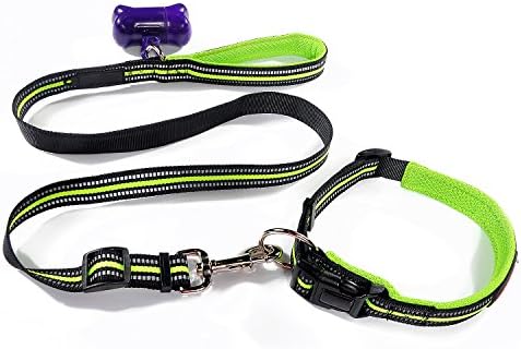 MYOLDSX Green Adjustable Reflective Dog Leash Collar Set for Medium and Large Dogs Daily Training Walking Running, Free Waste Bag Dispenser &amp; bag