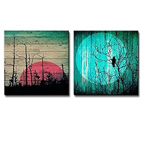 Illustration of Sunset Behind Silhouette of Trees Over Wooden Panels Along with Silhouette of Tree Under The Moonlight - Canvas Art Home Art - 12x12 inches