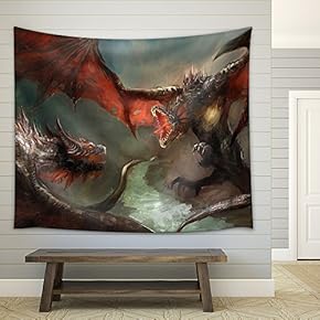 Two dragoins Having a Duel - Fabric Wall Tapestry Home Decor - 51x60 inches