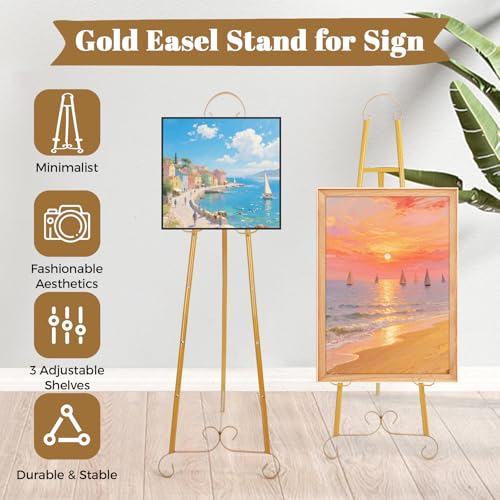 2Pcs Soporte de caballete dorado para carteles, caballetes de suelo para exposición, 3 estantes ajustables y estabilidad elegante, para cumpleaños, bodas, exposición de pósteres de pintura