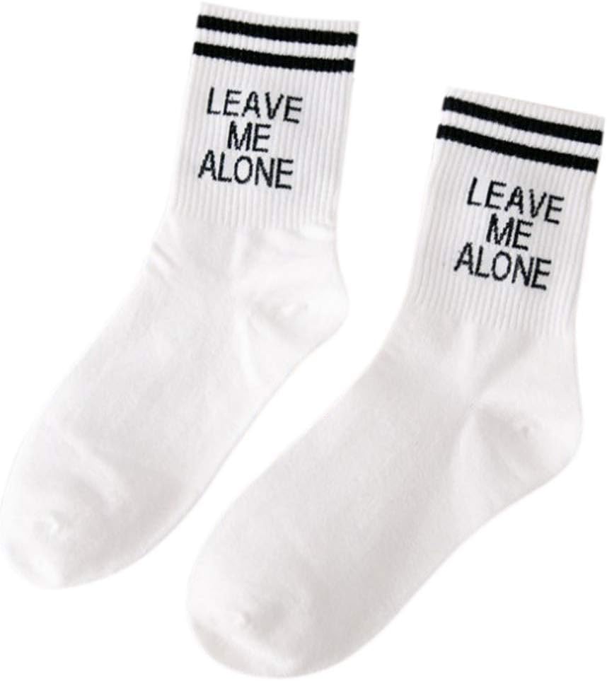 Get Fresh Women Funny Letters Printed Cotton Long Ankle Socks Two Striped Vertical Hip Hop Leave Me Alone Five-Color Socks Shown.