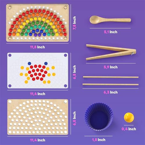 AM ANNA Wooden Peg Board Beads Game, Toddler Wooden Learning Montessori Toys for Kids 2-3 Years Old, Rainbow Stacking Matching Counting Color Sorting Games for Fine Motor Math Skills (Rainbow)