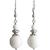 White Alabaster Earrings for women Faceted Round Dangles Jewelry Tibetan Silver 925 sterling hooks in Gift Box