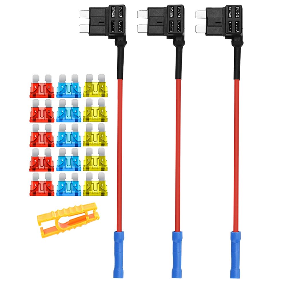 Aiqeer 3-Piece 12V/24V Medium Piggy Back Fuse Holders, Car Add-a-Circuit Fuse Tap with Wire Harness, Black, Zinc & ABS Material, 16 AWG Cable Guaranteed
