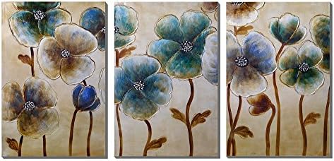 3Hdeko-Floral Artwork For Wall 3 Panel Canvas Wall Art Contemporary blue and Golden flower painting,Ready To Hang (20x30inch x3 pcs)