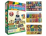 Hoovy Premium Baby Peg Puzzle 3-in-1 Set 3 Different Themed Educational Knob Puzzles for Boy & Girl Toddlers Bonus: Storage Rack (Alphabet, Numbers, Shapes)
