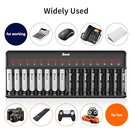 BONAI 16 Slots Battery Charger, Battery Charger for AA and AAA Ni-MH Rechargeable Batteries with Smart and Independent Charging, LED Indicator, Batteries Not Included - Black