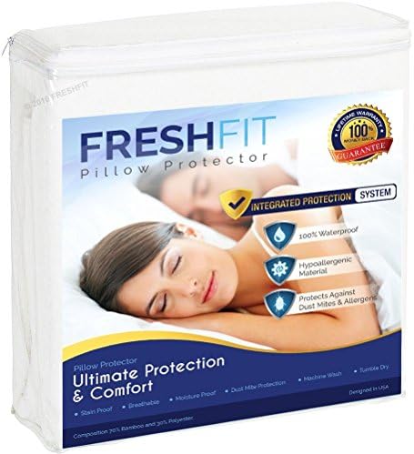 FRESHFIT premium waterproof hypoallergenic noiseless pillow protector. Comfortable vinyl free protection from dust mites, allergens, perspiration and fluid spills. Standard Size. Set of 2