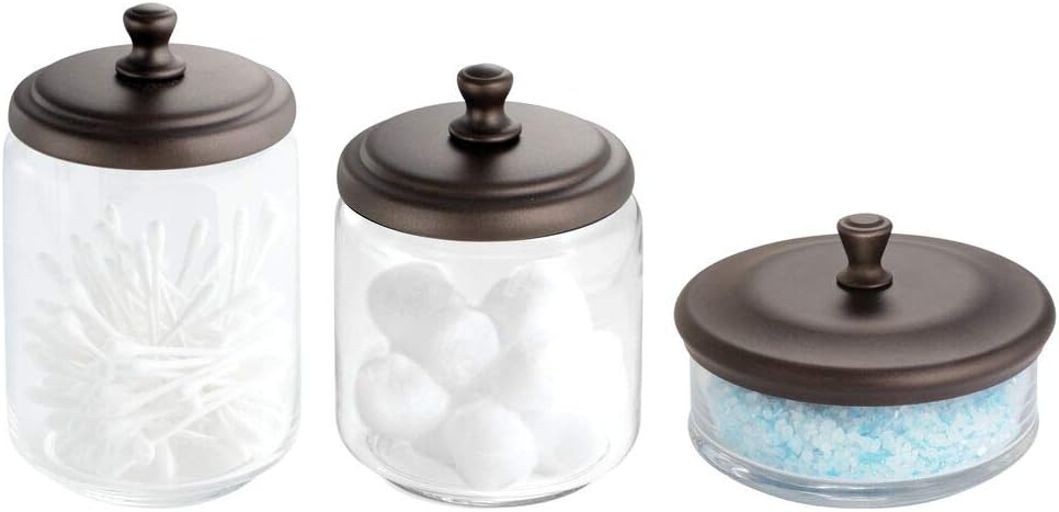 Amazon Com Mdesign Glass Bathroom Vanity Apothecary Storage Organizer Canister Jar For Cotton Balls Swabs Makeup Sponges Bath Salts Hair Ties Jewelry Set Of 3 Varied Sizes Clear Bronze Home Kitchen