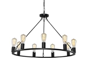 Senyshilon Wagon Wheel Chandelier 9-Light Farmhouse Chandelier, Dia 32'' Industrial Pendant Light Fixture, Black Matte Modern Chandeliers for Dining Room Kitchen Island Bedroom Living Room Foyer
