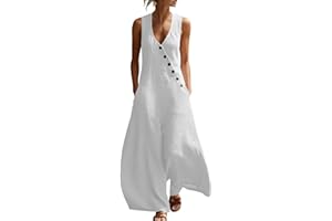 Jumpsuits for Women with Side Pocket Sleeveless Deep V Neck Overalls Irregular Button Down Baggy Romper Beach Outfit