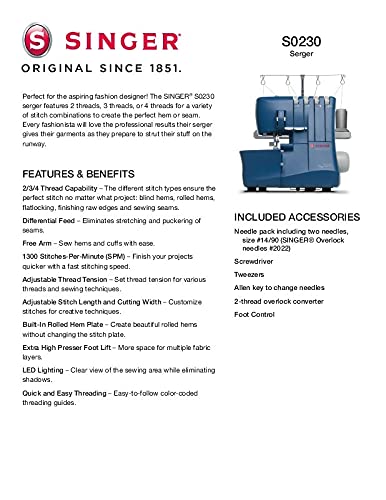 SINGER S0230 Heavy Duty Metal Frame Serger Overlock with Accessory Kit | 2-3-4 Thread Capability, Adjustable Tensions & Stitch Length, Built-in Free Arm, & Differential Feed, Blue