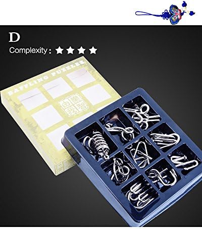 Baffling Wire Puzzle Come With Butterfly Embroidery Pendant, Metal IQ Puzzle Set of 9, Series D