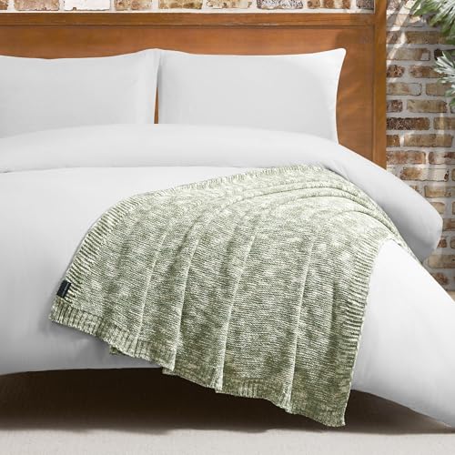 Lucky Brand Logan Taupe/Sage Chenille Knit 50"X70" Throw Blanket - Luxurious So…