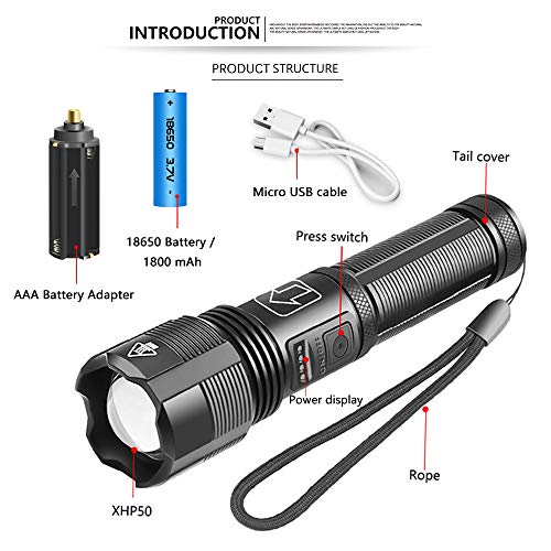 XHP50 LED Rechargeable Flashlight,Tactical Flashlight with USB,Super Bright High Lumen,IPX4