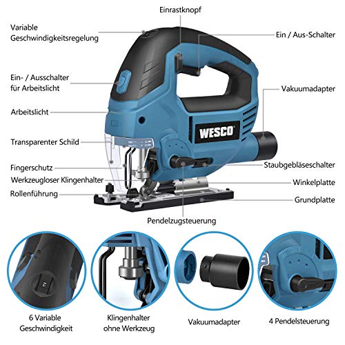 Stichsäge 850W, Elektro Stichsäge & LED, 4-Stufen-Pendelung, 3000SPM, 6-Geschwindigkeitsvorwahl, Schnittwinkel ± 45 ° mit 10 Blättern, Fußplatte aus Aluminium, Motor aus Kupfer WESCO WS3772