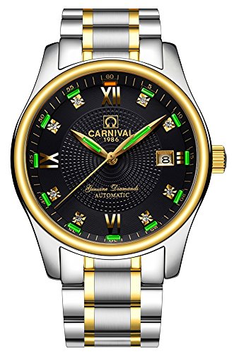Men s Analog Calendar Automatic Mechanical Watch Military Tritium Gas Super Bright Luminous Green Light (Gold Black-Green Light)
