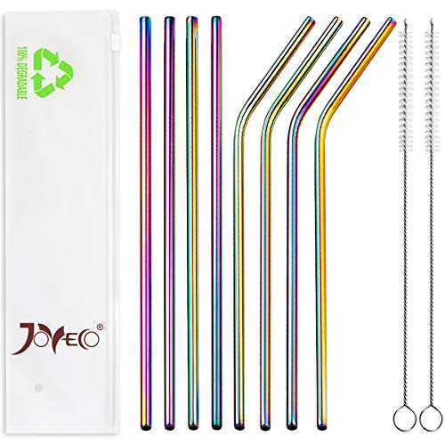 JOYECO Stainless Steel Drinking Metal Straws, Rainbow Multi-Colored Straw, Reusable Drink Straw for 20oz Tumblers Rumblers Beverage (Set of 8,4 Bent+4 Straight + 2Brushes)