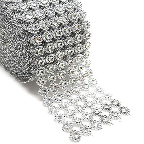 MUZOCT 4" X 10 Yards (30 Feet) Silver Flower Mesh Rhinestone Crystal Diamond Ribbon Wrap for Event Decorations, Wedding Cake, Bridal & Party, Dress Appliques