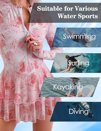 SEAUR Women Long Sleeve One Piece Skirted Swimsuit Zip Up Rash Guard Printed Modest Bathing Suits Ladies Padded Quick Drying Swimming Dress with Built in Shorts