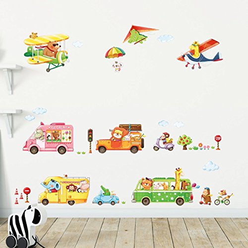DECOWALL DAT-1806P1506C Animal Transports and Biplanes with Hang Glider Wall Stickers Kids Wall Stickers Wall Decals Peel and Stick Removable Wall Stickers for Kids Nursery Bedroom Living Room