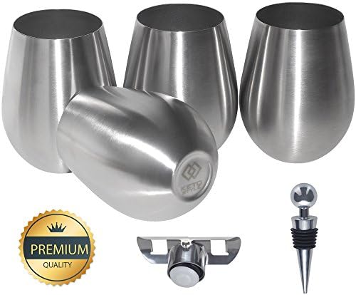 Stainless Steel Wine Glass - Steel Stemless Wine Glass - Premium Steel Glasses Set of 4 - Shatterproof Steel Wine Goblet - Steel Glasses Set for Picnic Camping - Unbreakable Metal Wine Glasses Outdoor