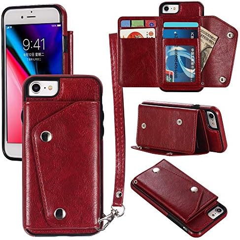 Happy L Case For Iphone Se Magnetic Closure Leather Wallet Case Card Slot Hand Wrist Protective Phone Cover Kickstand Case For Iphone Se 2nd Generation Color Red Cell Phones Accessories